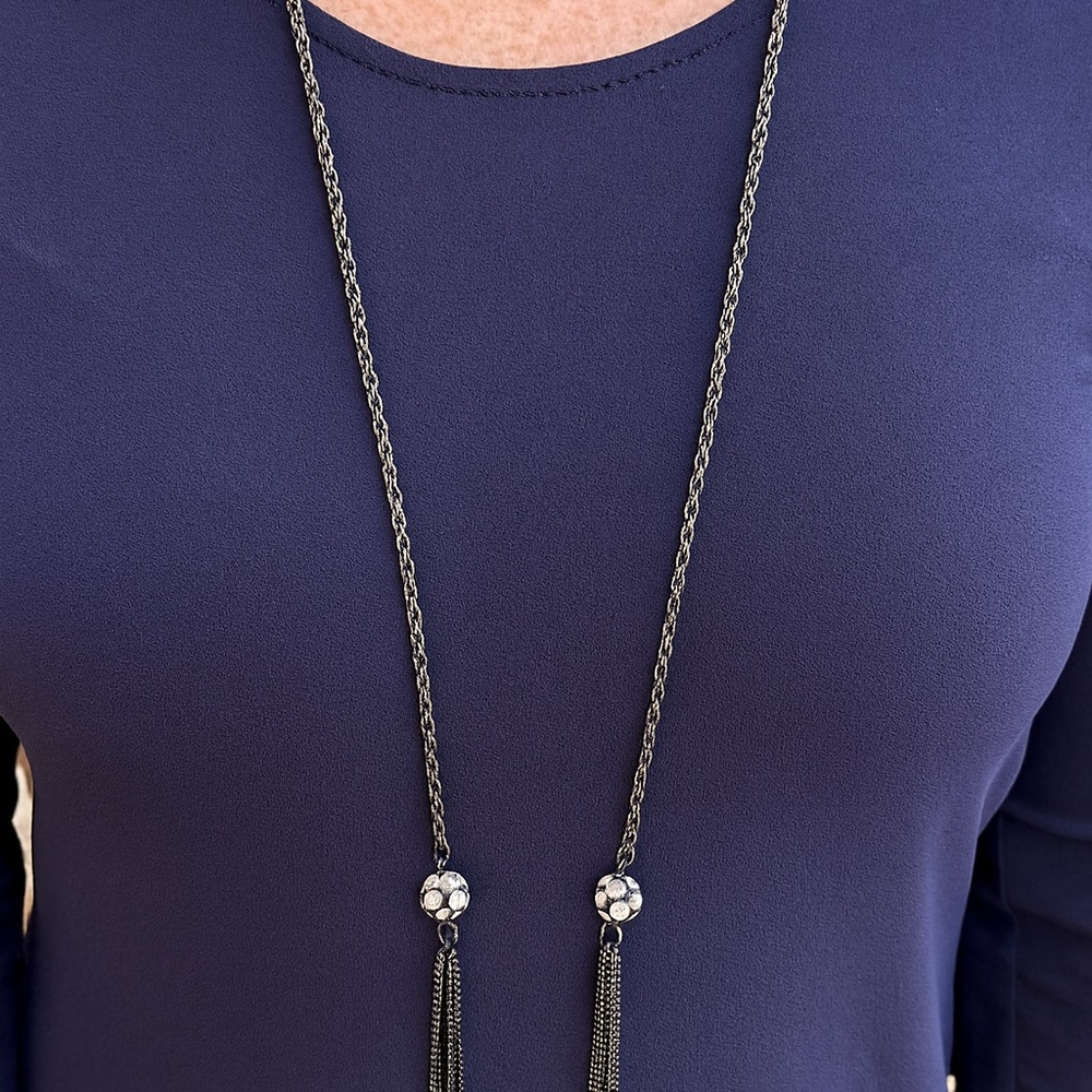 Vintage Rope Chain Necklace Tassels Crystal Ball Gun metal chain 48”